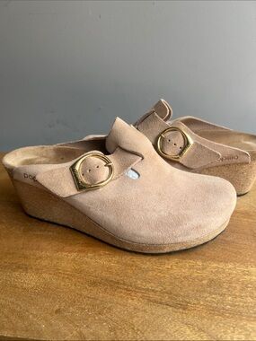 Papillio Beige Suede Wedge Mules with Gold Buckles